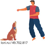 Male pet owner with dog training, playing with ball. Caring for four-footed friend concept. Happy guy with dog, domestic animal, human companion at home. Doggy follows command, plays with man. Male pet owner with dog training, playing with ball. Happy guy with doggy, domestic animal at home. Стоковая иллюстрация, агентство Ingram Publishing / Фотобанк Лори