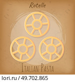 Italian national cuisine cafe banner. Design for store ad, restaurant menu, dinner logo. Italian pasta inscription and rotelle macaroni, noodles isolated on grange background. Pasta, traditional dish. Italian pasta national cuisine cafe banner. Design for store ad, restaurant menu, dinner logo. Стоковая иллюстрация, агентство Ingram Publishing / Фотобанк Лори