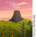 Strong jet of effluent hot lava, white clouds over top. Erupting rock pinnacle volcano disaster with burning fire. Volcanic eruption mountain with magma. Volcano with lava vector illustration. Volcano disaster with burning fire. Volcanic eruption mountain with magma, strong jet of hot lava. Стоковая иллюстрация, агентство Ingram Publishing / Фотобанк Лори
