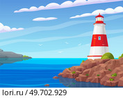 Lighthouse on sea coast. Summer landscape of ocean beach with beacon on cliff. Scenery of nature with sea and building. Lighthouse on bank, rocks and plants. Scenic landscape, view of beacon. Summer landscape of ocean beach with beacon on cliff. Beautiful scenery of sea with lighthouse. Стоковая иллюстрация, агентство Ingram Publishing / Фотобанк Лори