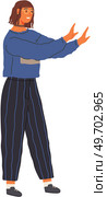 Young girl held out her hand against line that indicates area of personal border. Concept of social distance, personal space. Limiting social and physical contact, way to avoid stress in close contact. Young girl held out her hand against line that indicates area of personal border. Social distance. Стоковая иллюстрация, агентство Ingram Publishing / Фотобанк Лори