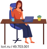 Podcaster woman character in office room interior. Girl listening audio podcast and speaking at live streaming use smartphone and laptop on her vlog. Podcaster making, blogger, technology concept. Podcaster woman character in office room interior. Girl listening audio podcast. Стоковая иллюстрация, агентство Ingram Publishing / Фотобанк Лори