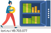 Successful business woman carry gold coins to safe, Character with money cash. Rich businesswoman making saving, financial profit salary wealth, increasing Capital. Pay per click, passive income. Successful business woman carry gold coins to safe, Character with money cash, passive income. Стоковая иллюстрация, агентство Ingram Publishing / Фотобанк Лори