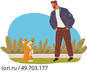 Male pet owner with dog training, playing. Caring for four-footed friend concept. Guy with puppy, domestic animal, human companion while walking. Corgi dog follows command of man outdoors in park. Male pet owner with dog training, playing. Corgi dog follows command of man outdoors in park. Стоковая иллюстрация, агентство Ingram Publishing / Фотобанк Лори