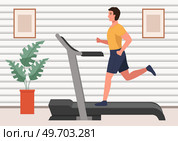 Sporty man doing morning exercise on treadmill. Running, playing sports at home. Cardio workout, working in gym concept. Running and fitness indoors. Guy exercising with sports equipment in apartment. Sporty man doing morning exercise on treadmill. Guy exercising with sports equipment at home. Стоковая иллюстрация, агентство Ingram Publishing / Фотобанк Лори
