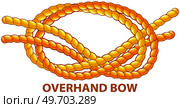 Yellow nautical rope knot, interweaving of ropes, cables, tapes or other flexible linear materials. Overhand bow isolated on white. Household binding and fastening unit for permanent fastening. Yellow nautical rope knot, interweaving of ropes, cables, tapes or other flexible linear materials. Стоковая иллюстрация, агентство Ingram Publishing / Фотобанк Лори
