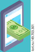 Make money online with smartphone and internet, getting paid from app. Pile of dollars bills on mobile phone screen. Excellent income and wages. Successful paying jobs or high salary career. Make money online with smartphone and internet, getting paid from application, online banking. Стоковая иллюстрация, агентство Ingram Publishing / Фотобанк Лори