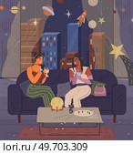 Teenager talk with friend, two women communicate. Girls sitting on couch and speaking. Female characters sit on sofa, drink cocktail scene in club party. Ladies in costumes spend time at space party. Ladies in costumes spend time at space party. Women sit on sofa, drink cocktails, talking. Стоковая иллюстрация, агентство Ingram Publishing / Фотобанк Лори