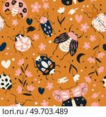 Seamless pattern with cute bugs, beetles, moth and insects, with floral elements, hearts and dots. Colorful hand drawn vector illustration. Стоковая иллюстрация, агентство Ingram Publishing / Фотобанк Лори