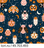 Seamless pattern with cute bugs, beetles, moth and insects, with floral elements, hearts and dots. Colorful hand drawn vector illustration. Стоковая иллюстрация, агентство Ingram Publishing / Фотобанк Лори