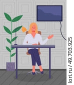 Young teacher. Girl is sitting at table near board in classroom with tv on wall. Woman talking to students, female person tells lesson. Presenter at seminar makes report communicates with participants. Young teacher. Girl is sitting at table in classroom with tv on wall. Woman talking to students. Стоковая иллюстрация, агентство Ingram Publishing / Фотобанк Лори