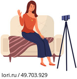 Podcaster woman character in office room interior. Girl listening audio podcast and speaking at live streaming use smartphone and laptop on her vlog. Podcaster making, blogger, technology concept. Podcaster woman character in office room interior. Girl listening audio podcast. Стоковая иллюстрация, агентство Ingram Publishing / Фотобанк Лори