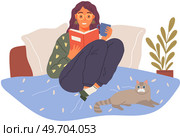 Cute girl reading book and resting with cat and coffee. Feminine Daily life and everyday routine scene by young relaxed woman comfortable sitting on her bed in home interior with homeplants. Cute girl reading book and resting with cat and coffee. Relaxed woman comfortable sitting on her bed. Стоковая иллюстрация, агентство Ingram Publishing / Фотобанк Лори