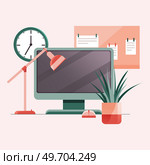 Empty workplace with computer. Cosy workspace interior. Work from home, freelance or studying. Home office concept with monitor on table, lamp, homeplant, memo board with notes and wall clock. Empty workplace with computer. Cosy workspace interior. Work from home, freelance or studying. Стоковая иллюстрация, агентство Ingram Publishing / Фотобанк Лори