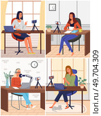 Podcaster woman character in office room interior. Girl with headphone listening audio podcast and speaking at live streaming use smartphone and laptop. Podcaster making, blogger, technology concept. Podcaster woman character in office room interior. Girl with headphone listening audio podcast. Стоковая иллюстрация, агентство Ingram Publishing / Фотобанк Лори