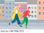 Young man and woman friends or couple meeting together, people walking down city street. Happy persons cartoon characters holding hands, having date in cityscape. Friendship, relationship, acceptance. Young man and woman friends or couple meeting, people walking down city street holding hands. Стоковая иллюстрация, агентство Ingram Publishing / Фотобанк Лори