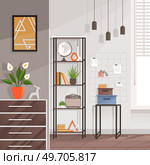 Living room interior, home decor, decoration of apartment or office. Modern cozy and stylish cabinet with furniture and scenical items. Lounge with decorative shelves and commode, pictures on wall. Living room interior home decor, decoration of apartment or office. Modern cozy and stylish premises. Стоковая иллюстрация, агентство Ingram Publishing / Фотобанк Лори