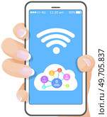 Hand holds mobile phone, wireless connect. wifi connection for web and mobile app, cellphone. Digital device for communication. Smartphone signal color vector illustration, phonebook contacts. Hand holds mobile phone, wireless connect. wifi connection for web and mobile app, cellphone. Стоковая иллюстрация, агентство Ingram Publishing / Фотобанк Лори