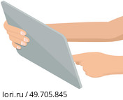 Hands holding electronical smart tablet. Electronic device with touch screen. Gadget for drawing and broadcasting to screen. Equipment for work or study. Modern tablet design vector illustration. Hands holding electronical smart tablet. Electronic device with touch screen. Equipment for work. Стоковая иллюстрация, агентство Ingram Publishing / Фотобанк Лори