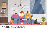 Family spending leisure time together. Mother, father, daughter and son playing board game at living room. Stay at home with children. Parenting and daycare. Happy smiling family members at cozy home. Family spending leisure time together. Mother, father, daughter and son playing board game at home. Стоковая иллюстрация, агентство Ingram Publishing / Фотобанк Лори