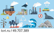 Waste pollution set. Polluted air, industrial radioactive waste and environmental awareness. Save planet and animals, dirty ecology. Earth day. Plants and factories producing harmful emissions. Waste pollution set. Polluted air, industrial radioactive waste and environmental awareness. Стоковая иллюстрация, агентство Ingram Publishing / Фотобанк Лори