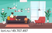 Woman reading book, sitting on sofa. Hobby, relax, resting, at home concept. Cute girl relaxes, doing favorite thing. Introvert reading interesting book in living room interior with homeplants. Woman reading book, sitting on sofa. Hobby, relax, resting, at home concept. Cute girl relaxes. Стоковая иллюстрация, агентство Ingram Publishing / Фотобанк Лори