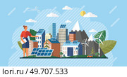 Renewable energy, ecology and green electricity. Modern eco suny panel on roof renewable electricity systems. Windmill and solar panel. Solar panels energy charging. Smart eco city. Green energy. Windmill and solar panel. Solar panels energy charging. Smart eco city. Green energy. Стоковая иллюстрация, агентство Ingram Publishing / Фотобанк Лори