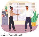 Dating in office, acquaintance. Business partnership cooperation beginning. Man and woman shaking hands after signing contract agreement. Working meeting, communication, dialogue. Handshake gesture. Dating in office, acquaintance. Business partnership beginning, man and woman shaking hands. Стоковая иллюстрация, агентство Ingram Publishing / Фотобанк Лори