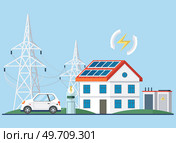Solar panel with sun power photovoltaic PV home system renewable electric energy technology house. Solar panel and batteries with sun. Electric car charging on renewable smart power off-grid system. Solar panel and batteries with sun. Electric car charging on renewable smart power off-grid system. Стоковая иллюстрация, агентство Ingram Publishing / Фотобанк Лори