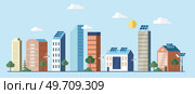 Renewable electric solar power plant station. Modern big town alternative eco green energy. Gren energy city smart power building. Solar power station building sun and urban city skyscrapers skyline. Clean sustainable energy generation industry. Solar power station building sun and urban city skyscrapers skyline. Стоковая иллюстрация, агентство Ingram Publishing / Фотобанк Лори