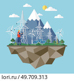 Solar cell team service installing. Green renewable energy, ecology green power. Eco suny panel renewable electricity systems. Windmill and solar panel. Solar panel plant, wind and li-ion electricity. Windmill and solar panel. Solar panel plant, wind and li-ion electricity. Стоковая иллюстрация, агентство Ingram Publishing / Фотобанк Лори