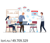 Office deadline. Stressed employees working overtime. Extreme delay in work. Tired workers and angry boss. Team working together with laptops. Effective time management and business planning. Office deadline. Stressed employees working overtime and angry boss. Extreme delay in work. Стоковая иллюстрация, агентство Ingram Publishing / Фотобанк Лори