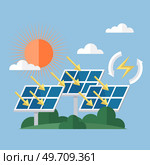 Green energy, urban landscape, ecology. Solar panel with sun power photovoltaic PV home system and renewable electric energy technology plant, cell, battery, vehicle, aircraft and spacecraft. Green energy, urban landscape, ecology. Solar panel with sun power photovoltaic PV home system. Стоковая иллюстрация, агентство Ingram Publishing / Фотобанк Лори