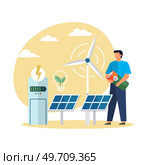 Modern eco suny panel on roof renewable electricity systems. Windmill and solar panel. Solar panels energy charging. Renewable alternative ecological technology with power plant, solar battery, panel. Modern eco suny panel on roof renewable electricity systems. Windmill and solar panel. Стоковая иллюстрация, агентство Ingram Publishing / Фотобанк Лори