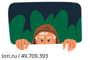 Man spying, peeping from shrub. Person hiding behind bush, sneaking, peeking, watching, looking nosy and waiting. Searching, observing, man secretly regard. Espionage, detective or secret observer. Man spying, peeping from shrub. Person hiding behind bush, sneaking, watching, detective or observer. Стоковая иллюстрация, агентство Ingram Publishing / Фотобанк Лори