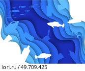 Paper craft underwater ocean cave with fishes, coral reef, seabed in algae, waves, plastic trash at bottom. Diving concept, deep blue marine life. Sea wildlife. Abstract contaminated undersea scene. Paper craft underwater ocean cave with fishes, coral reef, seabed, waves, plastic trash at bottom. Стоковая иллюстрация, агентство Ingram Publishing / Фотобанк Лори