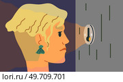 Worried dissatisfied woman peeps through keyhole, peeping and peeking. Invade in privacy life, spy and surveillance. Curious wife, angry female character observing, sneaking person watching from door. Worried dissatisfied woman peeps through keyhole, peeping and peeking. Invade in privacy life, spy. Стоковая иллюстрация, агентство Ingram Publishing / Фотобанк Лори