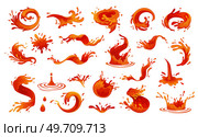 Tomato splash. Vector illustration set. Fresh red tomato splash. Strawberry juice splashes. Cherry soda water spill. Red drops of blood. Ketchup stains. Tomato swirl splash with red sauce drops. Tomato splash. Vector illustration set. Fresh red tomato splash. Strawberry juice splashes. Cherry soda water spill. Стоковая иллюстрация, агентство Ingram Publishing / Фотобанк Лори