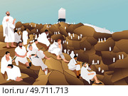 A vector illustration of Muslim Pilgrims Praying at Kaaba in Mecca. Стоковая иллюстрация, агентство Ingram Publishing / Фотобанк Лори