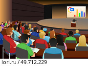 A vector illustration of college students listening to the professor in the auditorium. Стоковая иллюстрация, агентство Ingram Publishing / Фотобанк Лори