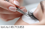 Applying eyelash extensions in a beauty salon during a professional treatment. Наращивание ресниц в салоне красоты во время профессиональной процедуры. Стоковое AI-изображение, AI-художник Katsiaryna Repich / Фотобанк Лори