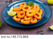 Deep fried calamari or squid rings on a plate. Frying rings of squid. Стоковое фото, агентство Ingram Publishing / Фотобанк Лори