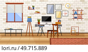 Home office. Interior vector illustration. Work from home. Furniture in office area selected for versatility and aesthetics Interior design of flat incorporates elements of tranquility and inspiration. Home office. Work from home. Office had open floor plan, encouraging collaboration among employees Remote work provides. Стоковая иллюстрация, агентство Ingram Publishing / Фотобанк Лори