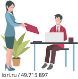 Secretary giving documents to boss, business concept. Young happy woman office clerk manager cartoon character gives contracts or reports to businessman company leader chief at meeting, paperwork. Secretary giving documents to boss, business concept. Smiling man and woman at meeting in office. Стоковая иллюстрация, агентство Ingram Publishing / Фотобанк Лори