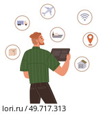 Supply chain management, shipping route planning. Logistics operation control, transportation of freights, product delivery, retail distribution. Logistician works with plan of cargo shipment. Logistician works with cargo shipment. Supply chain management, shipping route planning, logistics. Стоковая иллюстрация, агентство Ingram Publishing / Фотобанк Лори