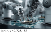 Close-up of High Precision Robot Arms on Automated PCB Assembly Line Inside Modern Electronics Factory. Component Installation. Board. Electronic Devices Production Industry. Manufacturing Automation. Стоковое AI-изображение, AI-художник ALLA YURTAYEVA / Фотобанк Лори