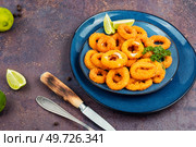 Crisp deep fried calamari or squid rings. Delicious fried seafood. Fried squid rings breaded. Стоковое фото, агентство Ingram Publishing / Фотобанк Лори