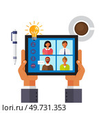Online business conference, businessmen confer when meeting, online joint appointment at work, remote communication, discussion or chat, team thinking and brainstorming, company information analytics. Online business conference, businessmen confer when meeting, online joint appointment at work. Стоковая иллюстрация, агентство Ingram Publishing / Фотобанк Лори