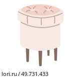Pouf, foot rest or footrest, round ottoman with wooden legs. Stool, furniture item in soft upholstery, fabric or leather, side view. Isolated vector illustration home furnishing for interior design. Pouf, foot rest or footrest, round ottoman with wooden legs. Stool furniture item in soft upholstery. Стоковая иллюстрация, агентство Ingram Publishing / Фотобанк Лори