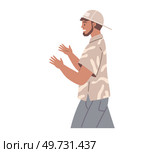 Young guy standing and talking isolated on white background. Man is looking at something behind him. Male alone character. Person stands side view, makes gesture with hands and emotionally speaks. Young guy standing and talking isolated on white background. Man is looking at something behind him. Стоковая иллюстрация, агентство Ingram Publishing / Фотобанк Лори